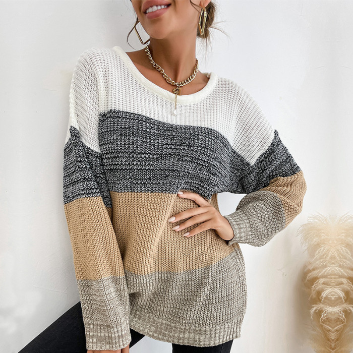 Casual Loose Colorblock Long Sleeve Crew Neck Sweaters