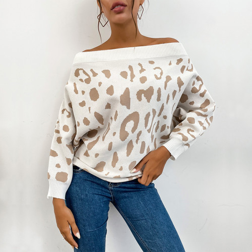 Casual Leopard Print Long Sleeve Off-the-Shoulder Sweaters