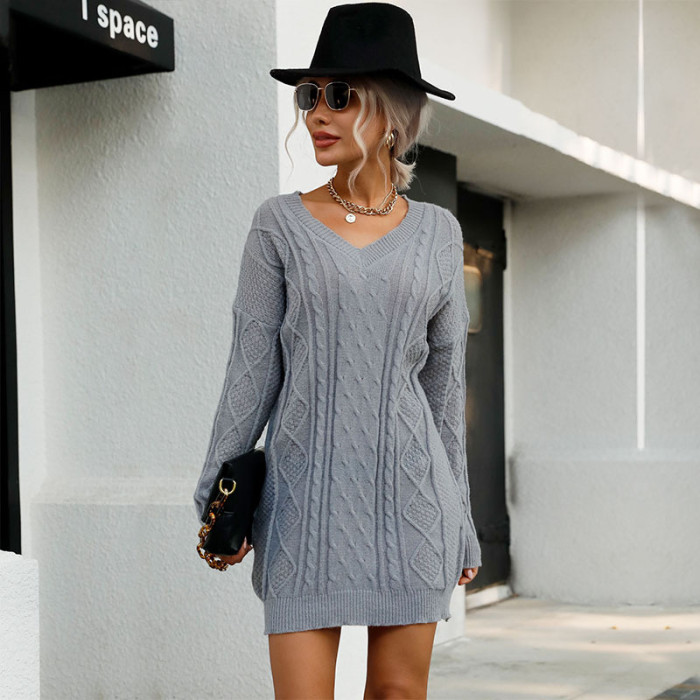 Casual Solid Long Sleeve V-Neck Grey Sweater Dresses