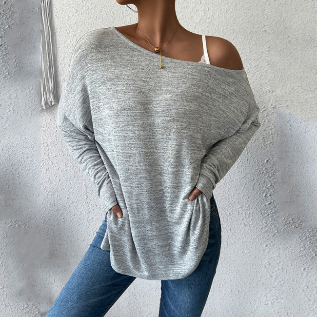 Solid Color Oblique Shoulder Sling Casual Loose Long Sleeve T-Shirts