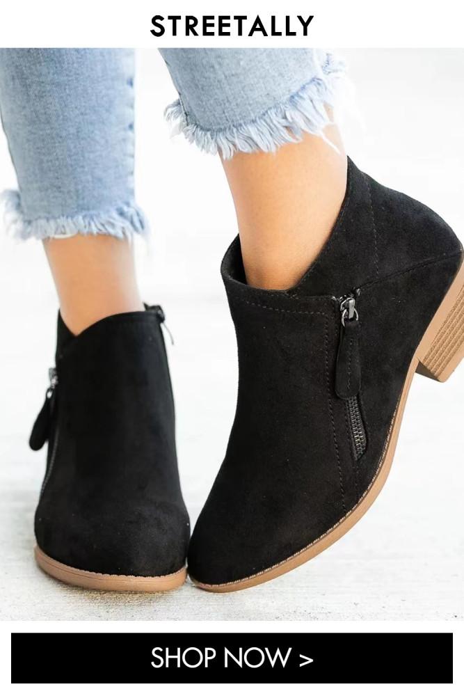 Chunky Heel Side Zip Plus Size Suede Solid Ankle Boots