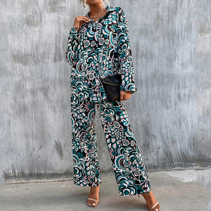 Lapel Print Loose Top Chic Casual Trousers Two-piece Outfits
