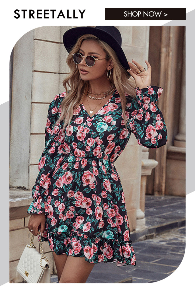 V-Neck Floral Flared Sleeves Elasticated Waist Casual Dresses