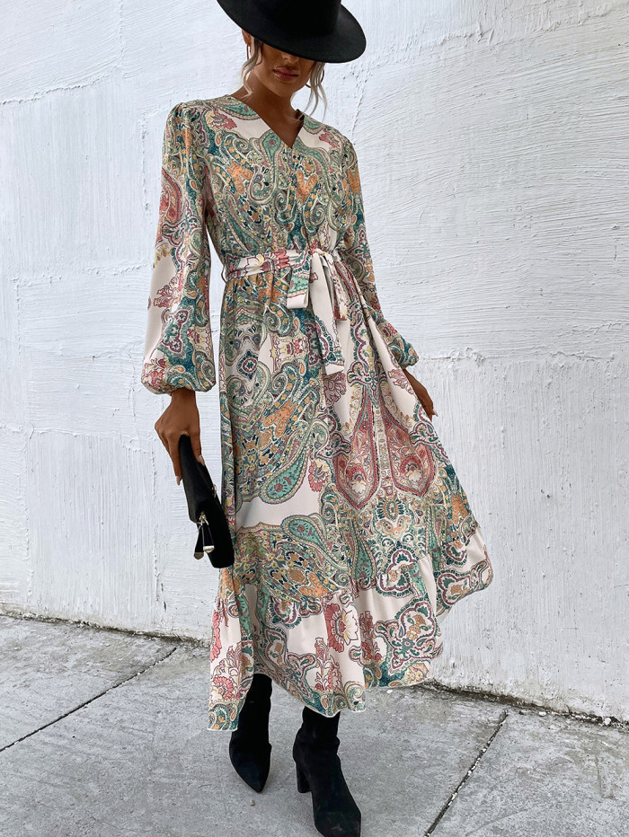 V-Neck Puff Sleeves Large Swing Tie Long Sleeves Print Maxi Dresses