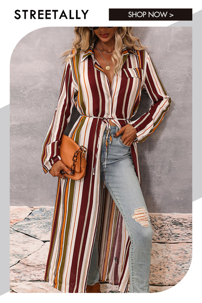 Lapel Striped Print Loose Long Sleeve Blouses & Shirts