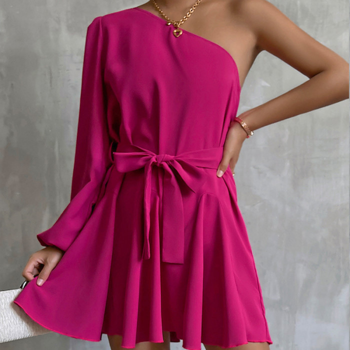 Solid Color Slanted Shoulder A-Line Swing Fashion Casual Mini Dresses
