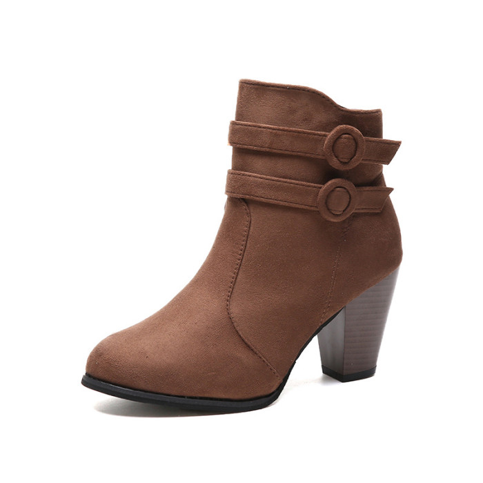 Suede Nubuck Chunky Mid Heel Half-Cut Ankle Boots