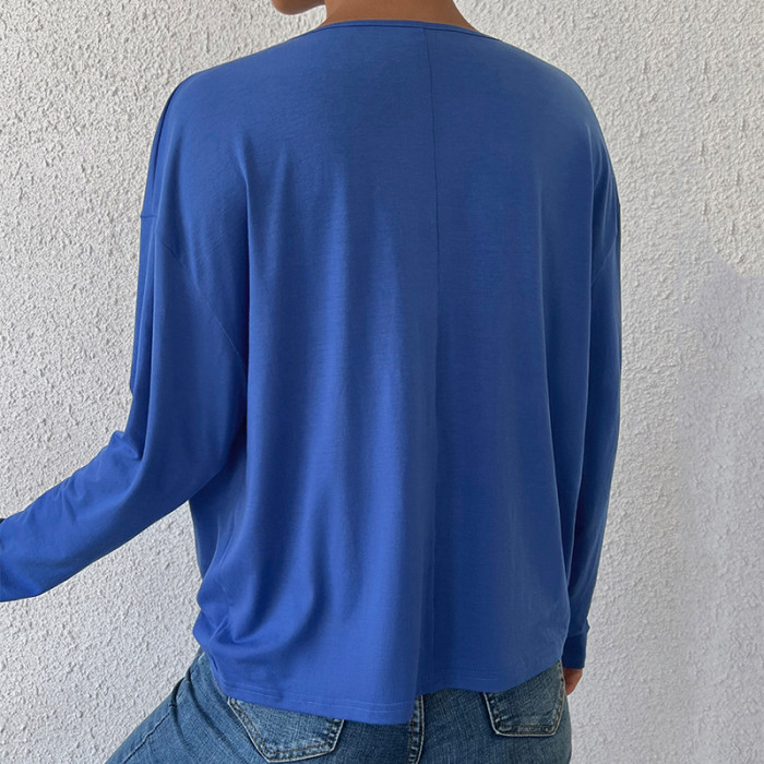 V-Neck Blue Irregular Loose Long Sleeve Navel T-Shirts