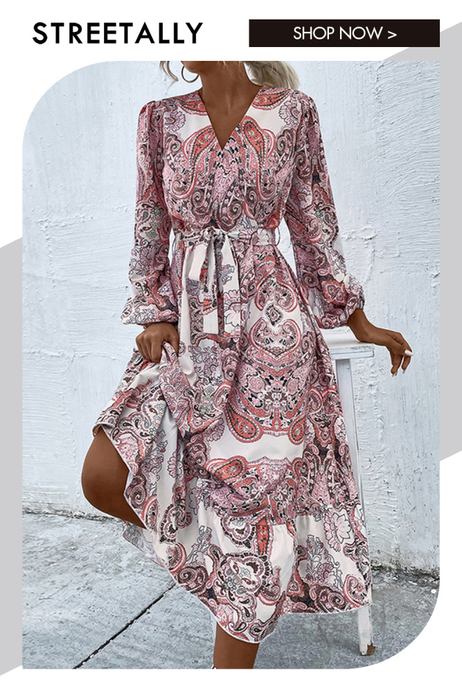 V-Neck Puff Sleeves Large Swing Tie Long Sleeves Print Maxi Dresses