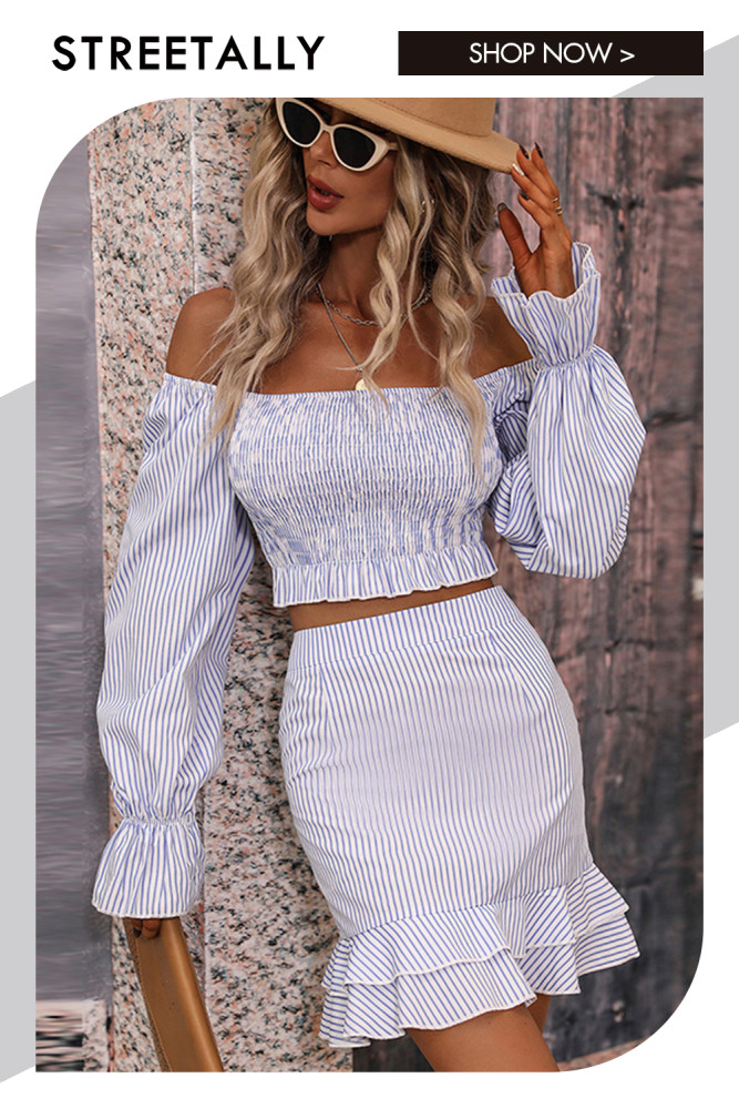 Striped Square Neck Top Flare Sleeves Backpack Hip Pencil Bottom Skirt Two-piece Outfits