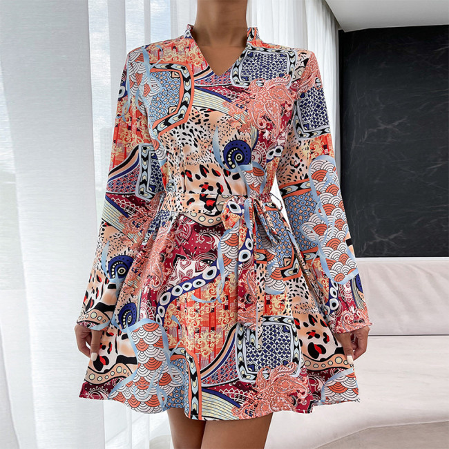 Elegant V-Neck Long Sleeve Printed Tie Casual Dresses