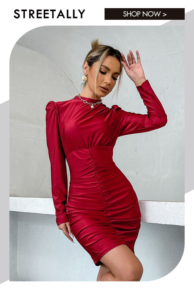 Solid Color Temperament Long Sleeve Slim Fit Round Neck Bodycon Dresses