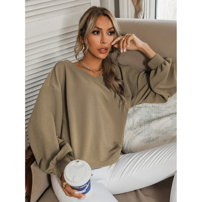 V-Neck Loose Lazy Solid Color Thin Bottoming Hoodies & Sweatshirts