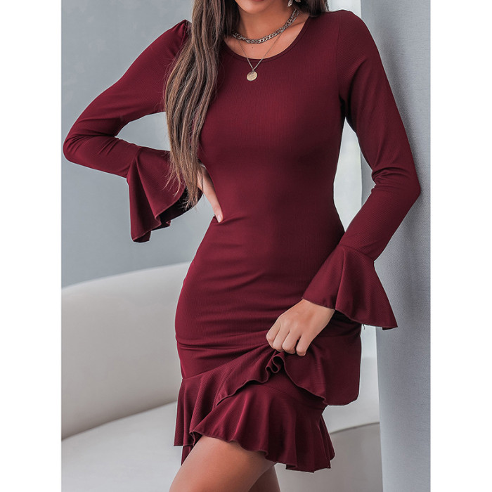 Elegant Commuter Crewneck Slim Fit Solid Ruffle Bodycon Dresses