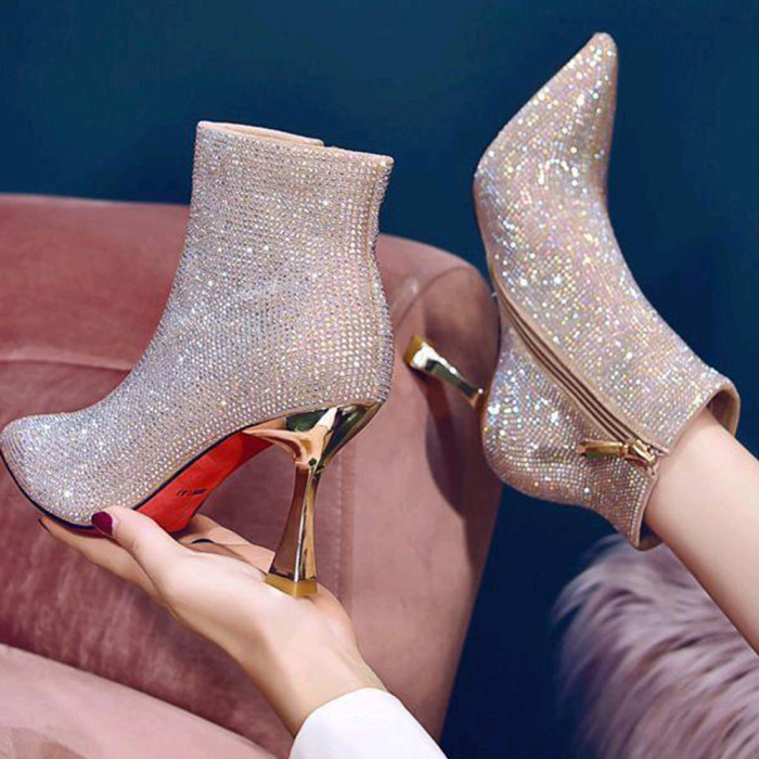 Stiletto Pointed High Heel Full Diamond Fashion Ankle Boots