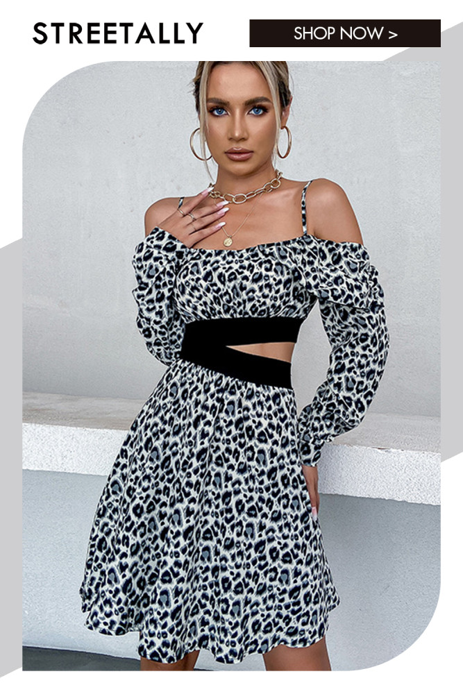 Sling Long Sleeve Leopard Print Sexy Open Waist Mini Dresses