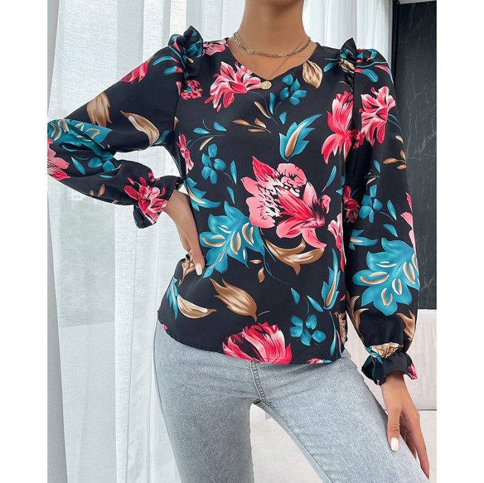 Printed Long Sleeve Fungus Trimmed Puff Sleeves Blouses & Shirts