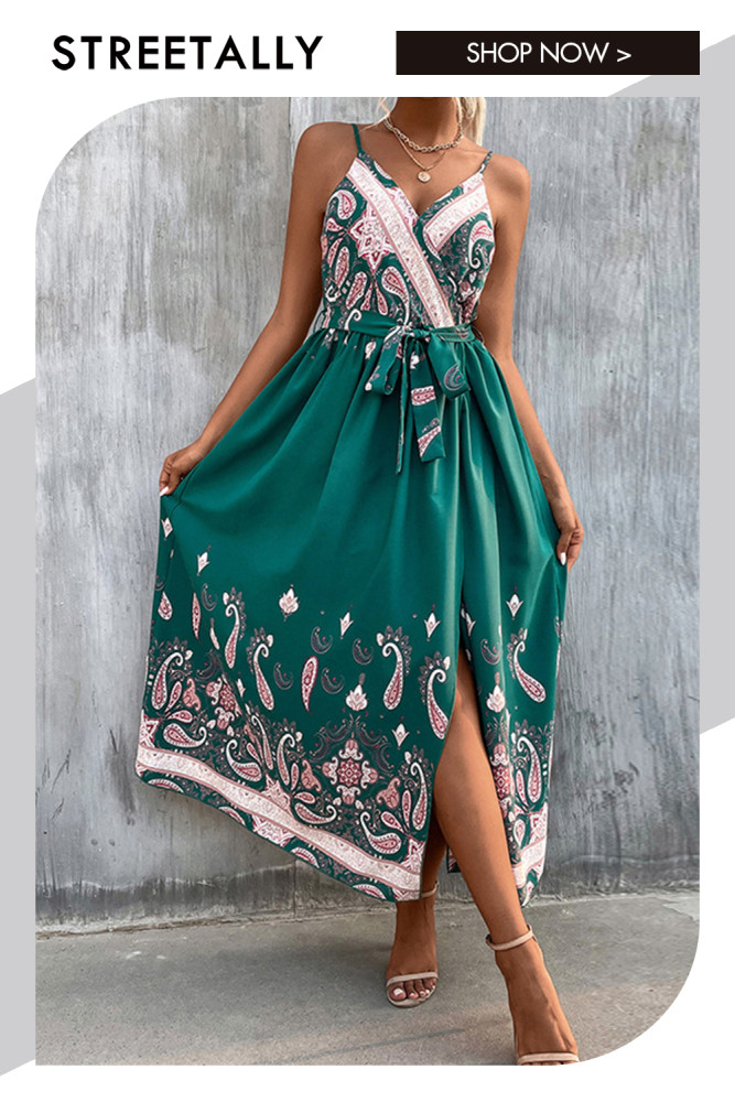 Boho Print Sling V-Neck High Waist Slit Maxi Dresses