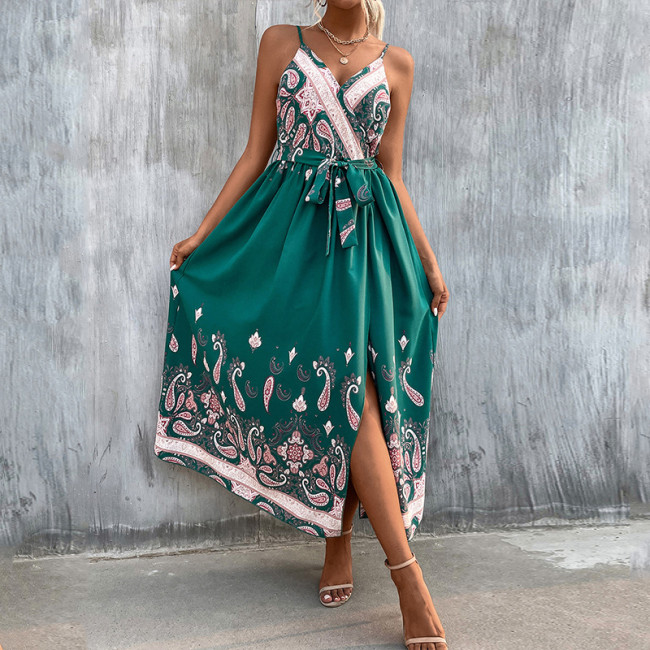 Boho Print Sling V-Neck High Waist Slit Maxi Dresses