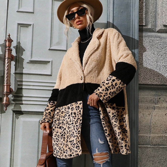 Stylish Patchwork Leopard Print Long Lapel Slim Coats