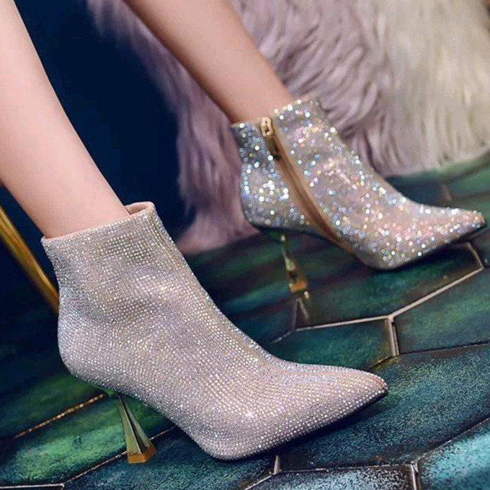 Stiletto Pointed High Heel Full Diamond Fashion Ankle Boots