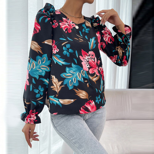 Printed Long Sleeve Fungus Trimmed Puff Sleeves Blouses & Shirts