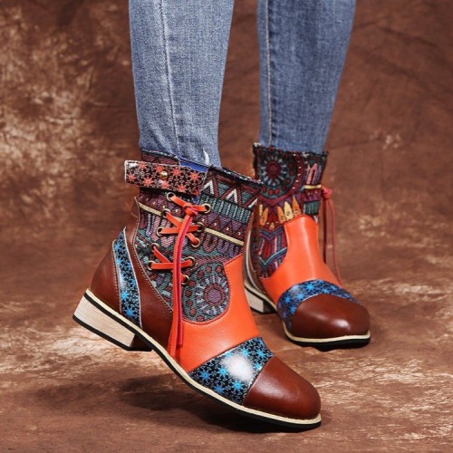 Ethnic Style Color Middle Heel Side Zipper Large Size Ankle Boots