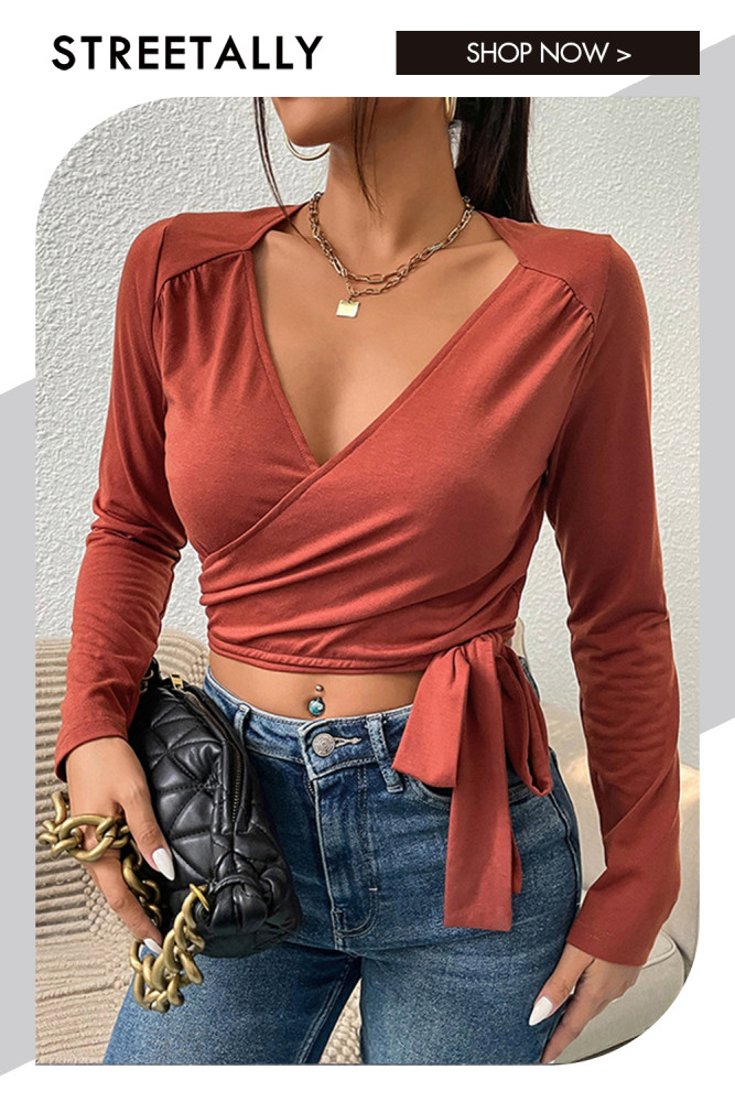 Slim Fit Solid Color V-Neck Sexy Fashion Lace Up Long Sleeves Blouses & Shirts
