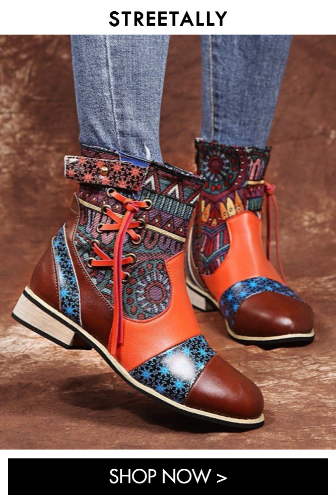 Ethnic Style Color Middle Heel Side Zipper Large Size Ankle Boots