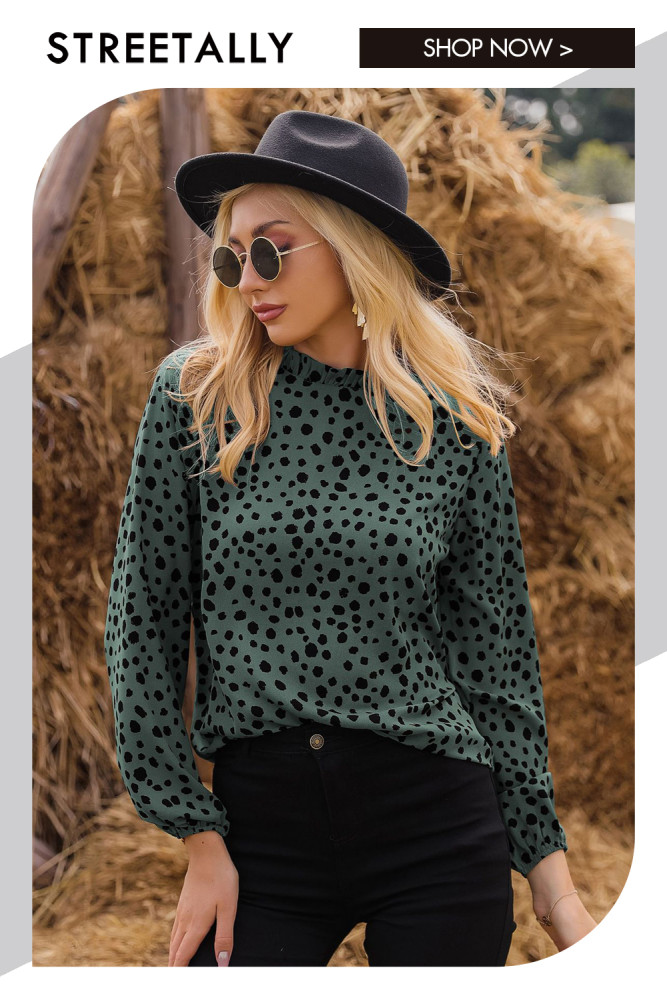 Fashion Polka Dot Round Neck Long Sleeve Half Turtleneck Blouses & Shirts
