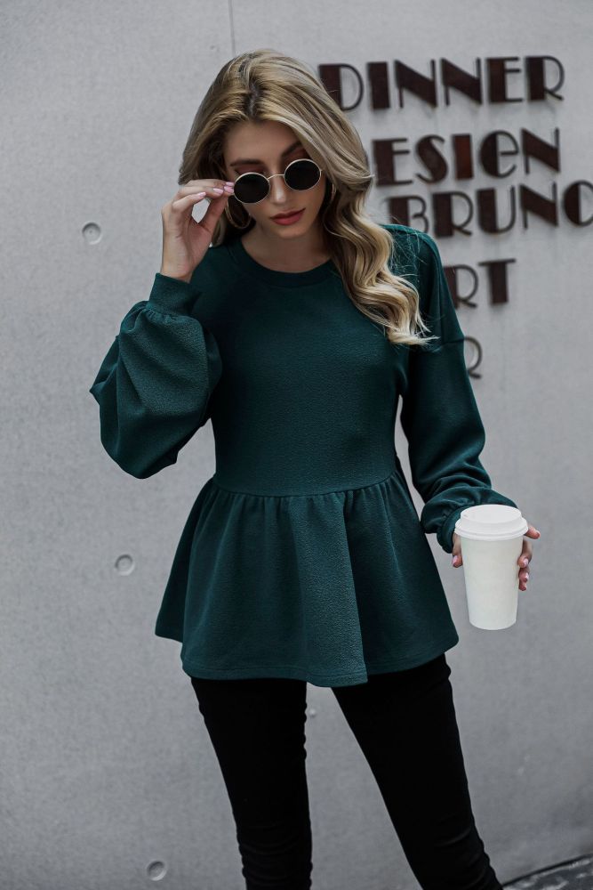 Round Neck Ruffle Base Solid Color Elegant Hoodies & Sweatshirts