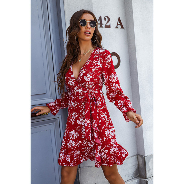 Floral Deep V Neck Tie Long Sleeve Panel Ruffle Casual Dresses