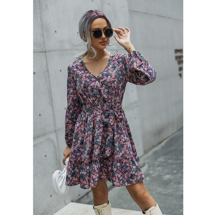 V-Neck Floral Long Sleeve Ruffle Panel Sweet Casual Dresses