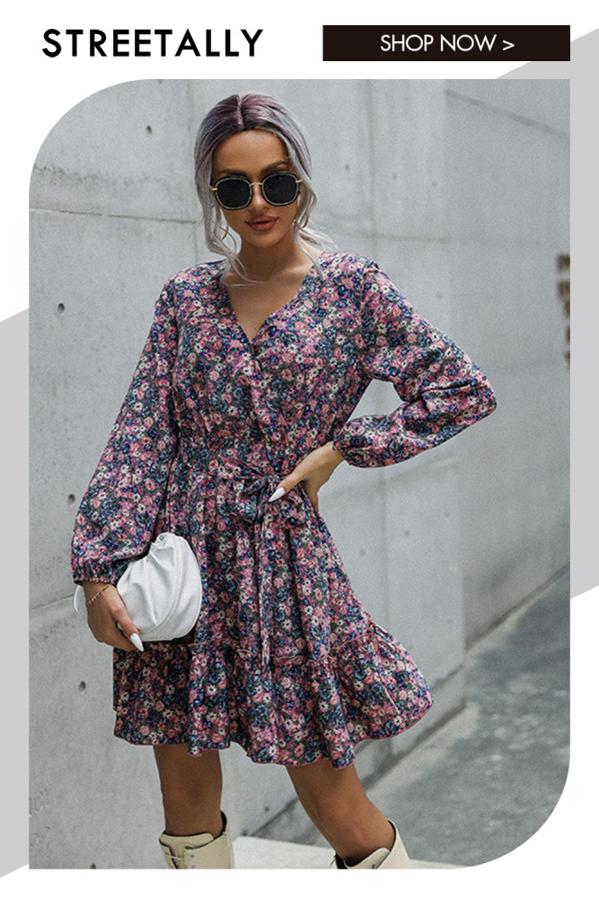 V-Neck Floral Long Sleeve Ruffle Panel Sweet Casual Dresses