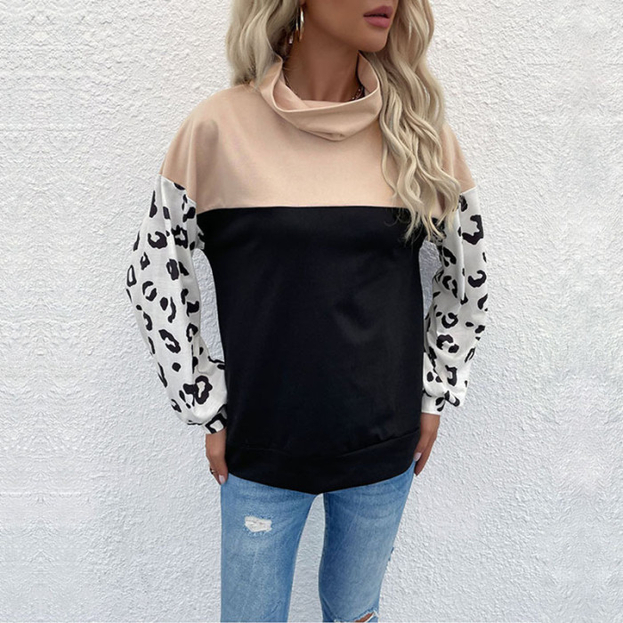 Leopard Print Colorblock Turtleneck Loose Casual Hoodies & Sweatshirts