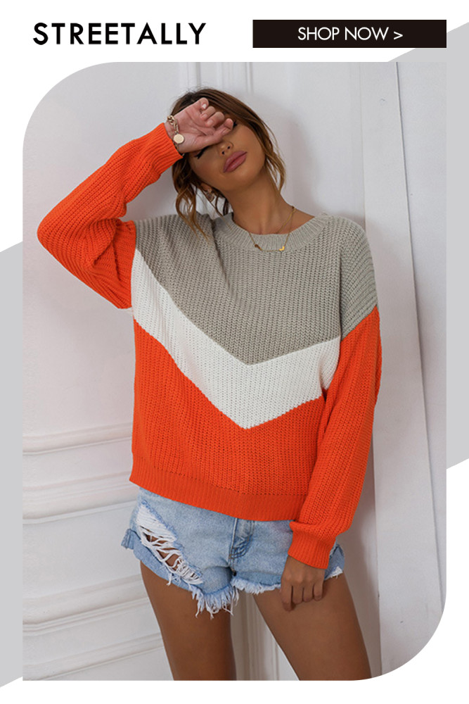 Sleek Colorblock Crewneck Loose Sweaters Sweaters & Cardigans