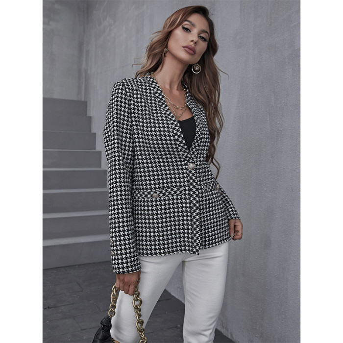 Houndstooth Long Sleeve Suit Collar Elegant Commute Suits