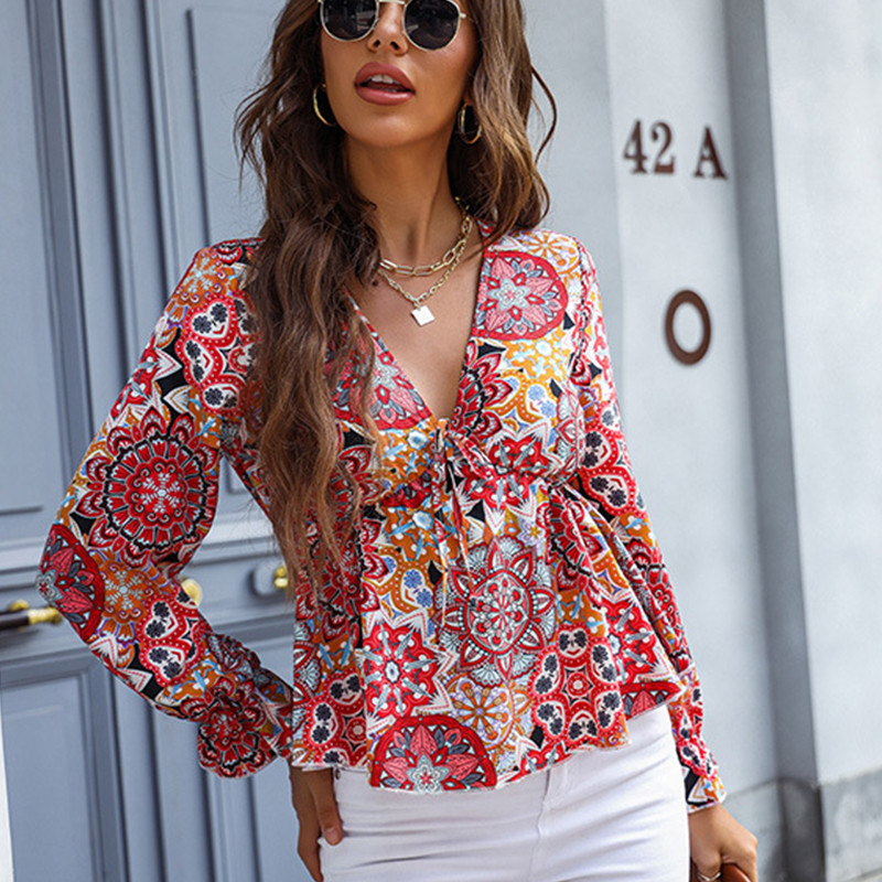 Fresh Printed V-Neck Long-Sleeve Slim Fit Wrap-Sleeve Blouses & Shirts