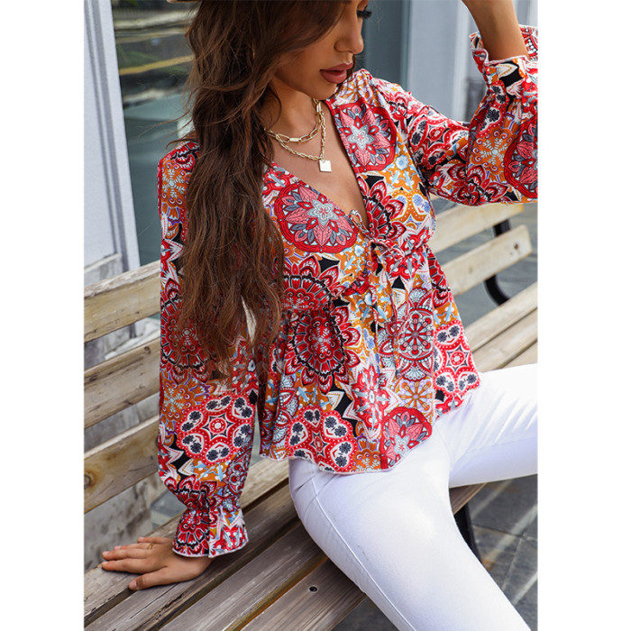 Fresh Printed V-Neck Long-Sleeve Slim Fit Wrap-Sleeve Blouses & Shirts