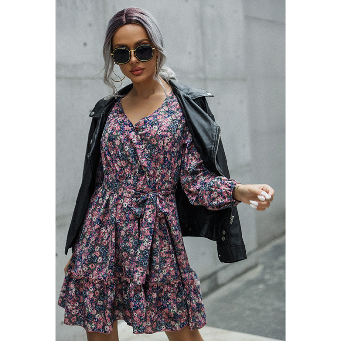 V-Neck Floral Long Sleeve Ruffle Panel Sweet Casual Dresses