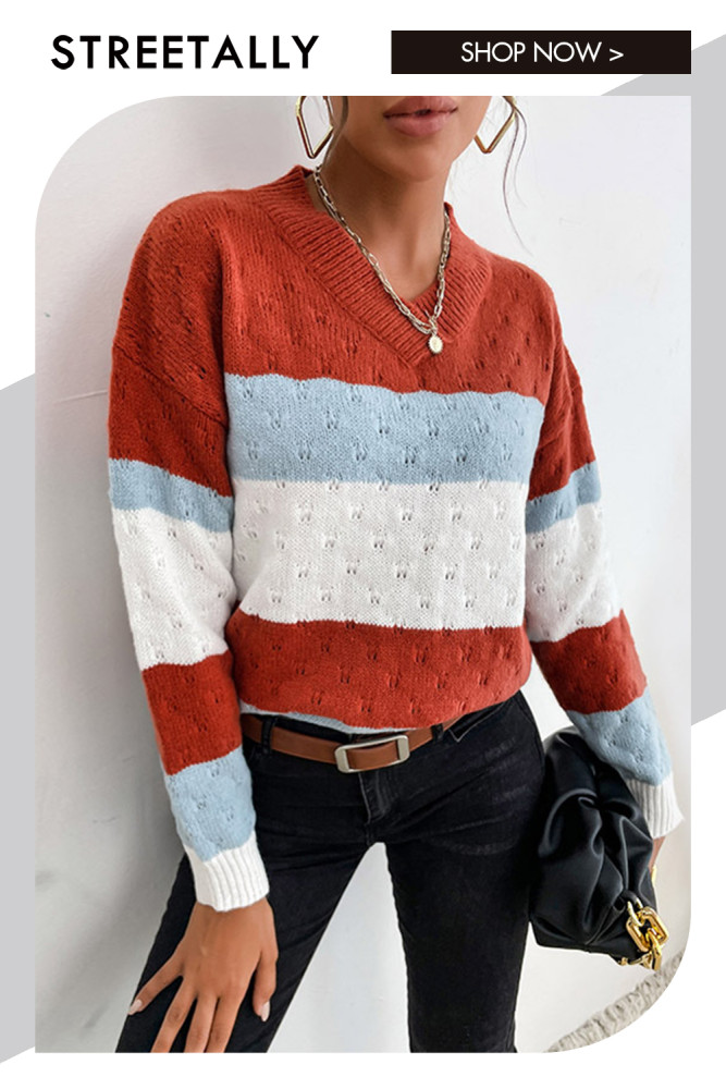 Elegant Casual Colorblock Long Sleeves Loose Crew Neck Sweaters & Cardigans