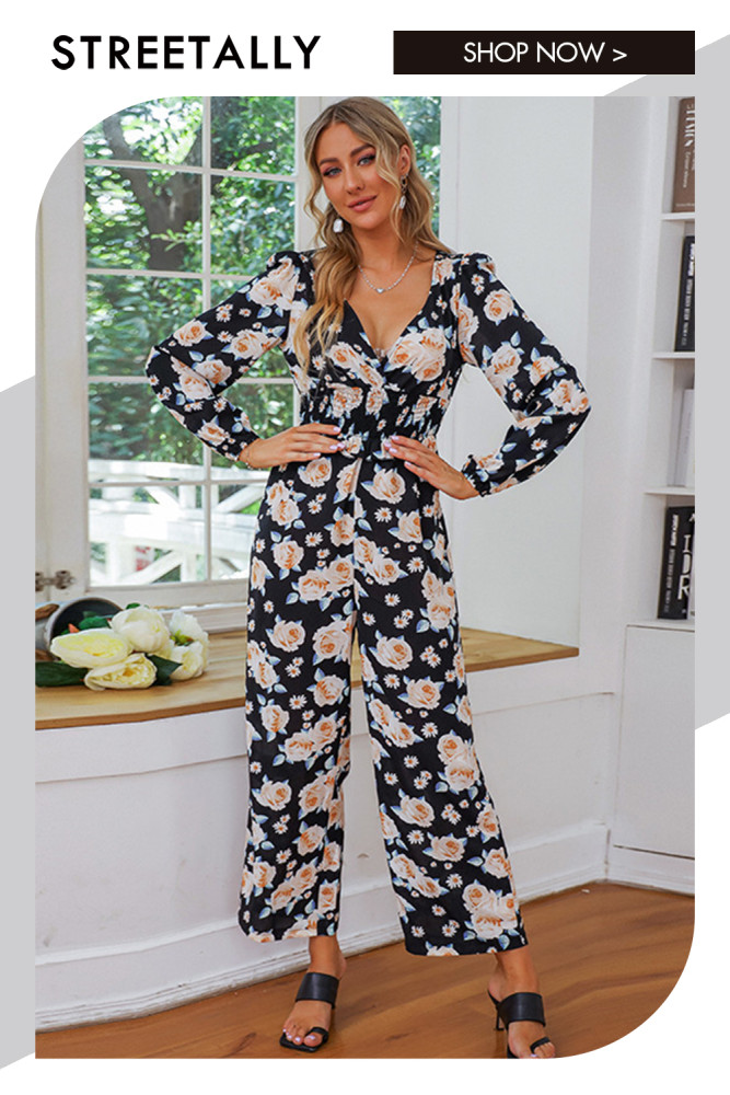 Elegant Casual Print V-Neck Long Sleeve Elastic Waist Jumpsuits