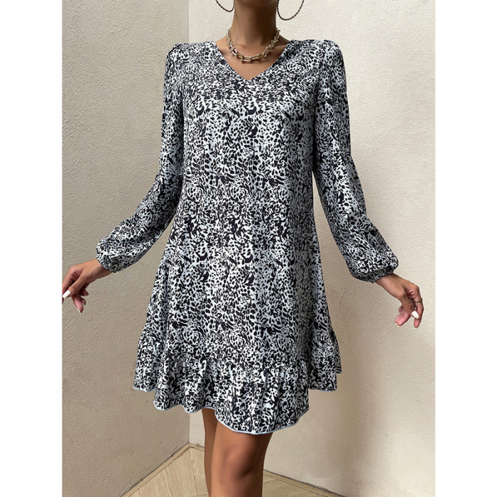 V-Neck Style Commuter Long Sleeves Loose Waist Casual Dresses