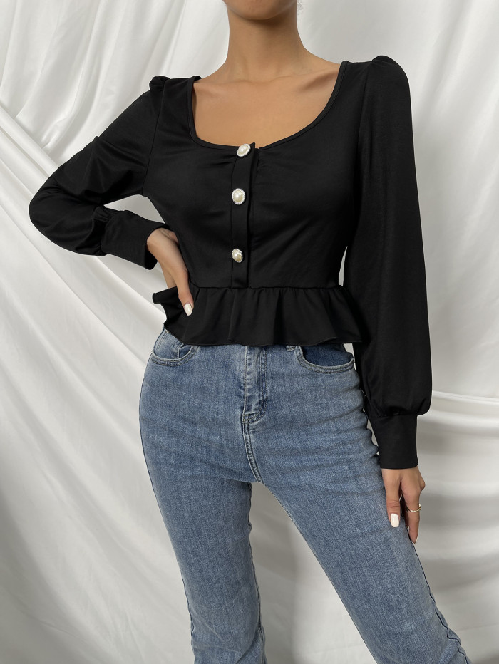 Solid Color Long Sleeve Square Neck Ruffle Elegant Blouses & Shirts
