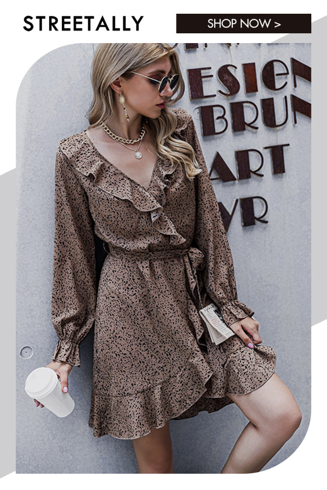 Temperament Commuter Ruffled V-neck Tie Wrap Sleeves Casual Dresses