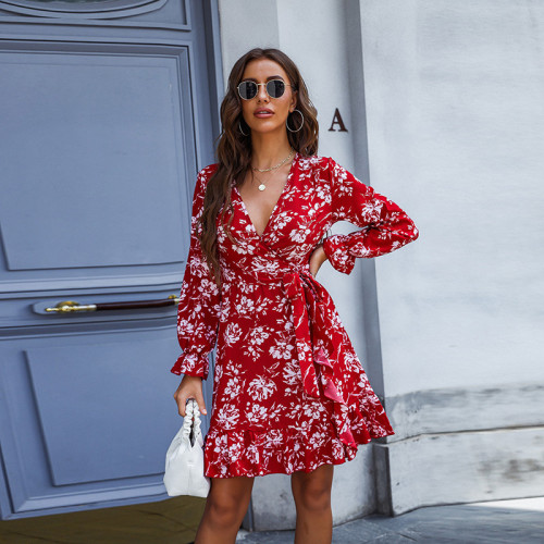 Floral Deep V Neck Tie Long Sleeve Panel Ruffle Casual Dresses