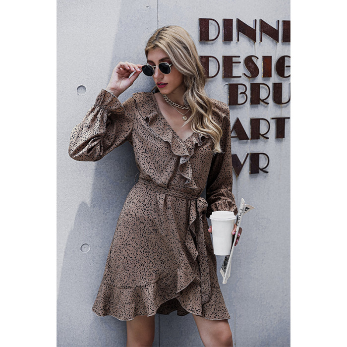 Temperament Commuter Ruffled V-neck Tie Wrap Sleeves Casual Dresses