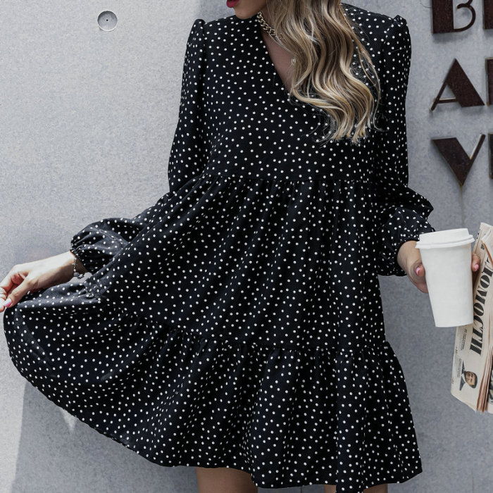 Long Sleeve Simple Fashion V-Neck Ruffle Patchwork Casual Dresses