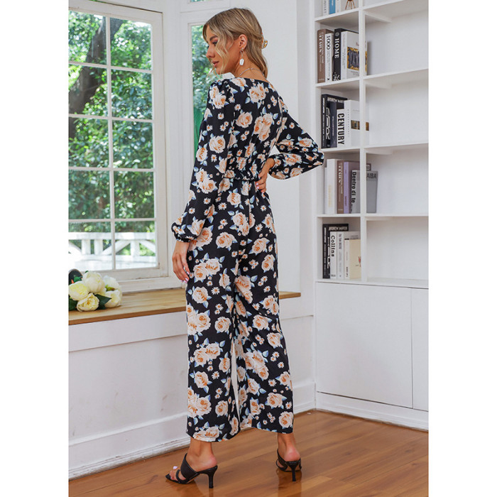 Elegant Casual Print V-Neck Long Sleeve Elastic Waist Jumpsuits