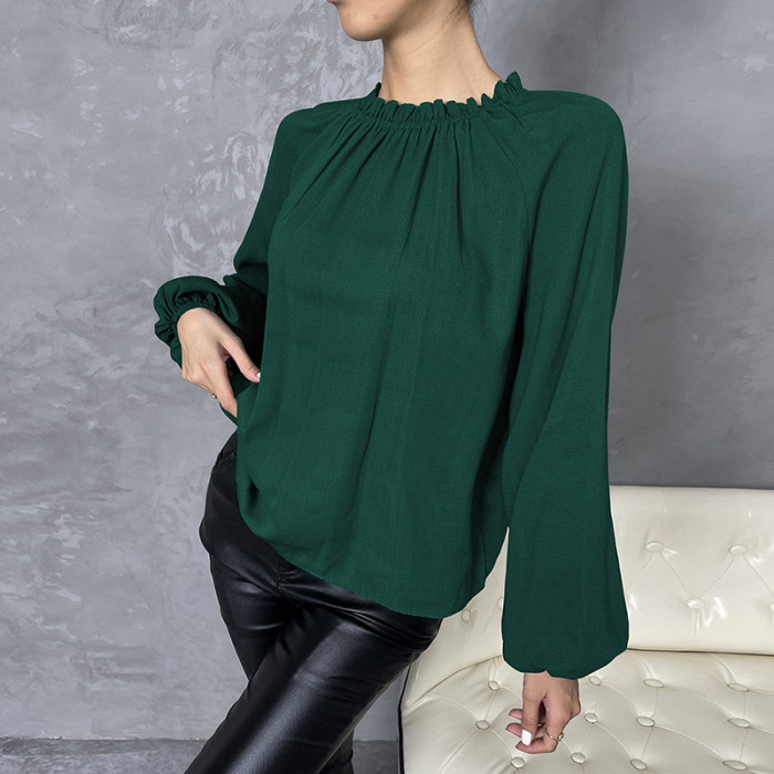 Elegant Long Sleeve Loose Solid Half Turtleneck Blouses & Shirts